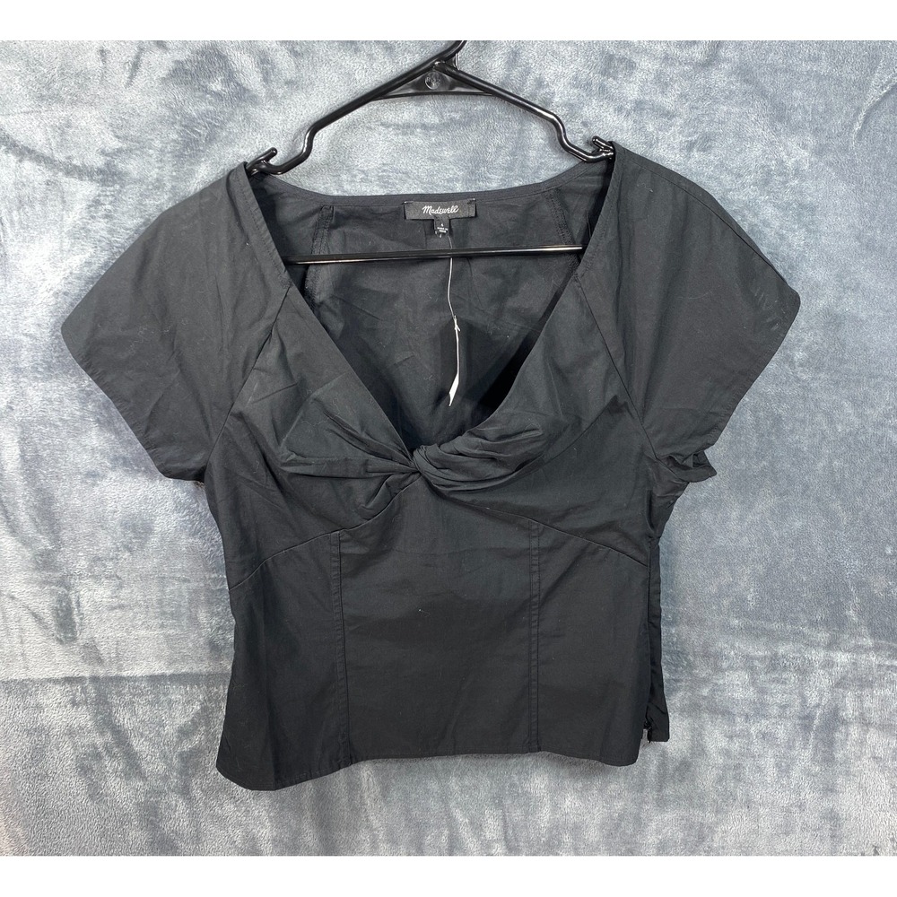 Madewell Top Women Size 4 Poplin Twist Front V Neck Cap Sleeve Cotton Blouse NEW